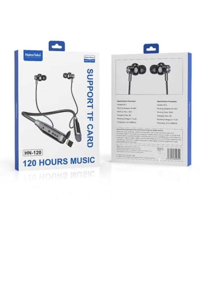 Haino Teko Germany HN120 Bluetooth Neckband Earphones – 110-Hour Playtime, High Bass Sound Quality, Super Clear Mic, TF Card Support, Bluetooth 5.3, Ergonomic Design - Image 2