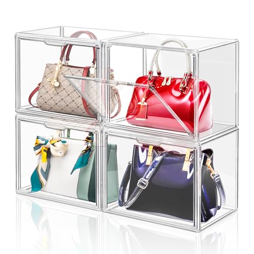 DILIBRA 4 Packs Clear Plastic Handbag Storage Organizer for Closet, Acrylic Display Case for Purse and Handbag, Stackable Storage Boxes Bag Organizer with Magnetic Door for Purse Clutch Wallet Hats - Image 1