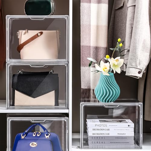 DILIBRA 4 Packs Clear Plastic Handbag Storage Organizer for Closet, Acrylic Display Case for Purse and Handbag, Stackable Storage Boxes Bag Organizer with Magnetic Door for Purse Clutch Wallet Hats - Image 5