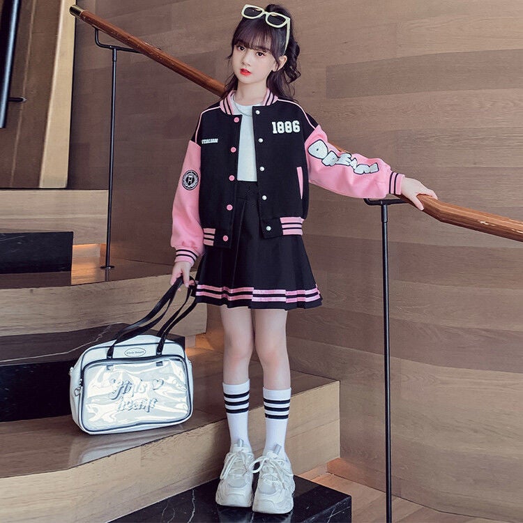 Girls Preppy Skirt Set with Baseball Jacket Spring Autumn Outfit Pink  - Image 1
