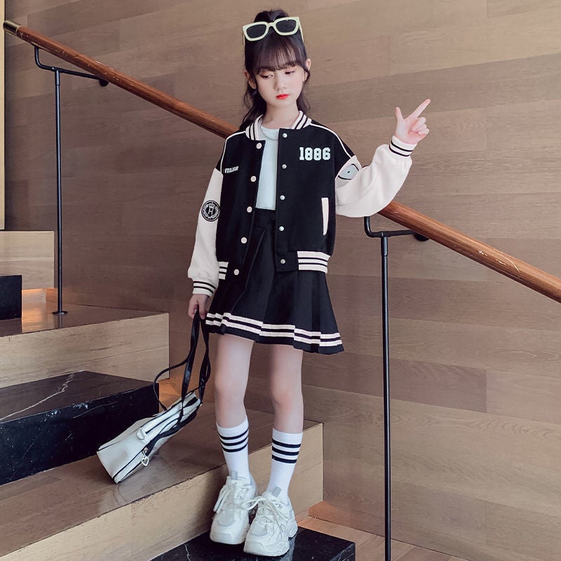 Girls Preppy Skirt Set with Baseball Jacket Spring Autumn Outfit Pink  - Image 4