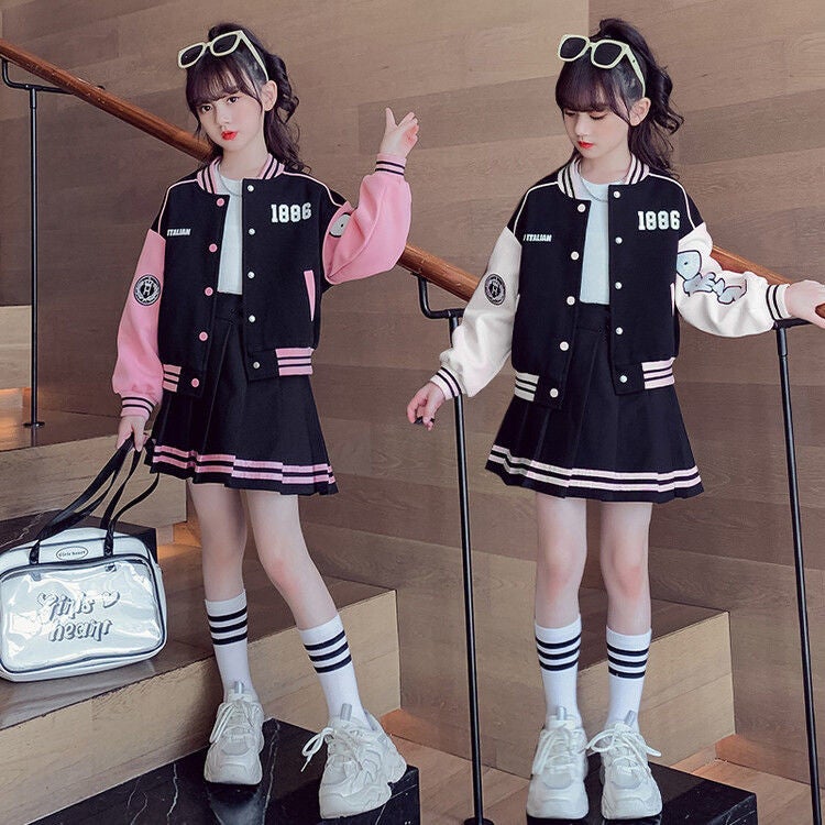 Girls Preppy Skirt Set with Baseball Jacket Spring Autumn Outfit Pink  - Image 2