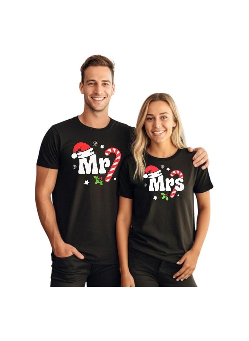 PRINTSHOP4ME Christmas Couples Round Neck Short Sleeve T-Shirt–Matching Festive Shirts For Couples–Soft Cotton Tshirt - Image 1