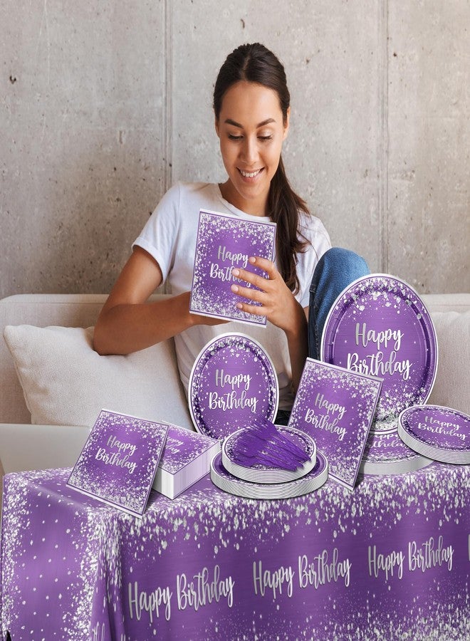 Bezkega purple and Silver Plates and Napkins Party Supplies,Purple Glitter Sliver Birthday Party Tableware Purple Dessert Plates Napkins Tablecloth Forks for Girl Women Birthday Supplies,Serve 20 - Image 3
