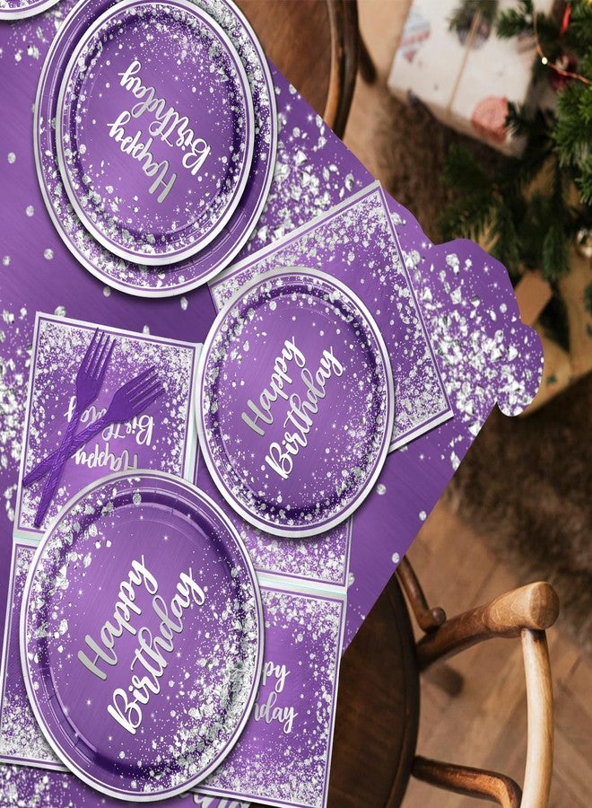 Bezkega purple and Silver Plates and Napkins Party Supplies,Purple Glitter Sliver Birthday Party Tableware Purple Dessert Plates Napkins Tablecloth Forks for Girl Women Birthday Supplies,Serve 20 - Image 4