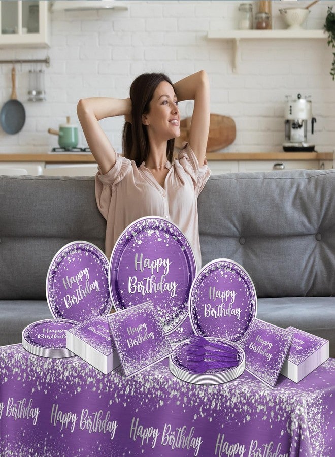 Bezkega purple and Silver Plates and Napkins Party Supplies,Purple Glitter Sliver Birthday Party Tableware Purple Dessert Plates Napkins Tablecloth Forks for Girl Women Birthday Supplies,Serve 20 - Image 5