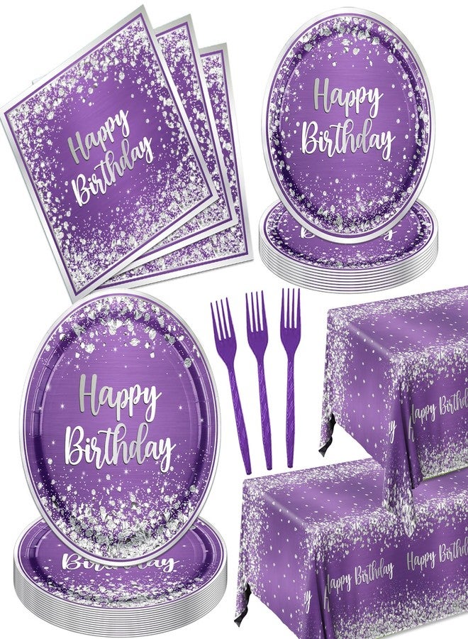 Bezkega purple and Silver Plates and Napkins Party Supplies,Purple Glitter Sliver Birthday Party Tableware Purple Dessert Plates Napkins Tablecloth Forks for Girl Women Birthday Supplies,Serve 20 - Image 1