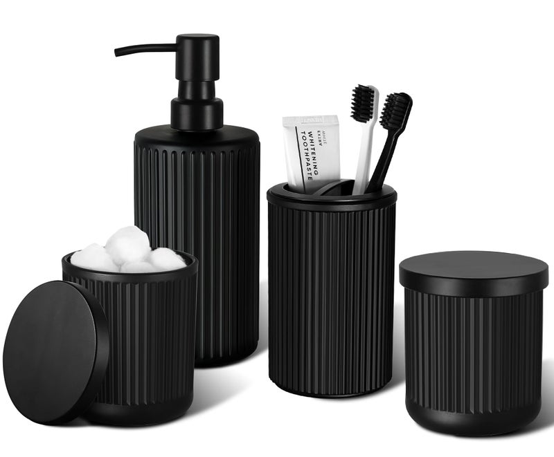 KASUNTING Matte Black Bathroom Accessories Set, 4 Pcs Glass Bathroom Accessory Set, Soap Dispenser, Toothbrush Holder, Qtip Holder Set, Bathroom Sets Complete, Bathroom Sink Set for Modern Home Decor - Image 1