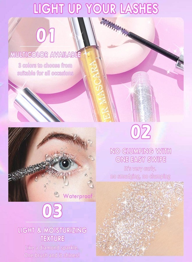 LYSdefeu Glitter Shimmer Colored Mascarafor Eyelashes,3Pcs Silver Gold Purple Color Diamond Mascara, Waterproof Long Lasting Sparkly Mascara, Voluminous & Curling Eyelashes Party Stage Use Makeup for Women - Image 4