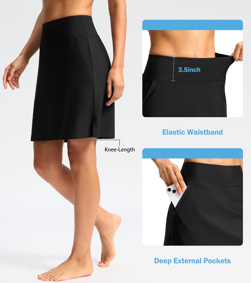 Viodia Women's 20" Long Swim Skirt Skort High Waisted Modest Bathing Suit Swimsuit Bottoms Beach Tankini Bikini with Skirt Black - Image 3