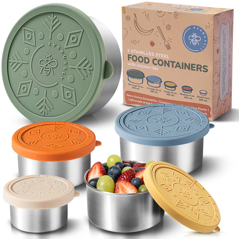 Everusely Stainless Steel Containers with Lids  Leakproof Stainless Steel Food Containers  Nesting Stainless Steel Snack Containers  Metal Lunch Container Stainless Steel Lunch Box Containers - Image 1