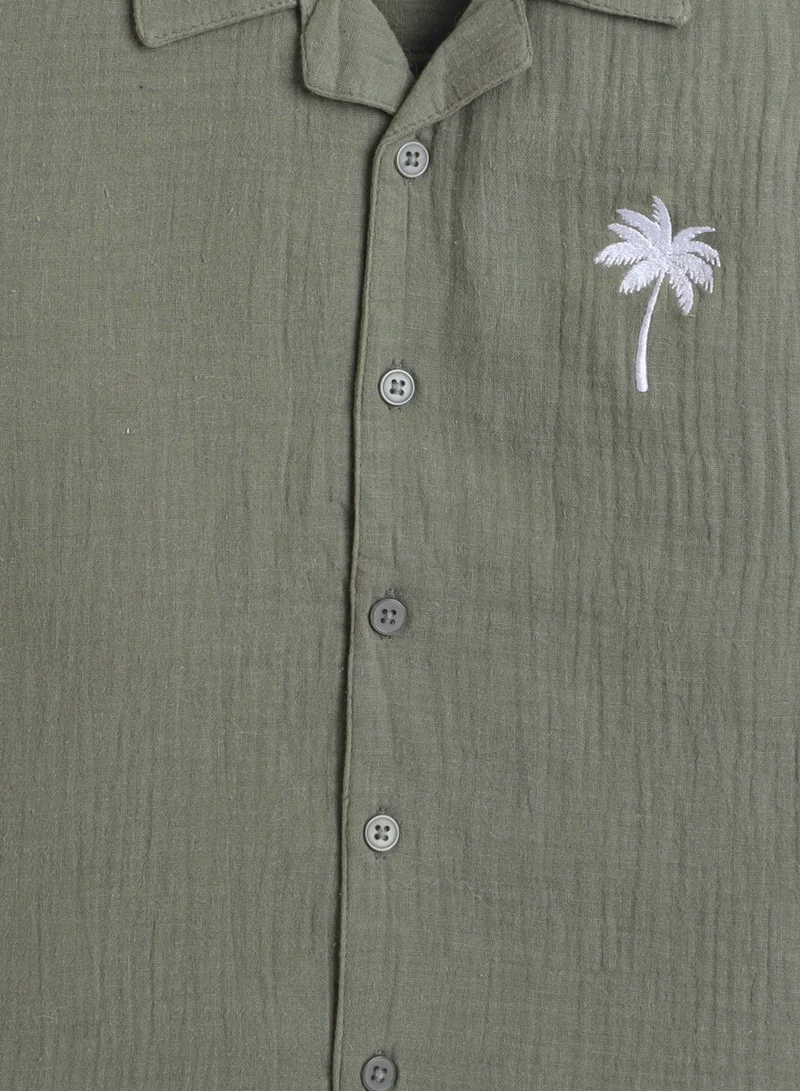victor and jane Victor and Jane Boys' 2 Pc Set Shirt & Shorts in Textured fabric with pocket Embroidery Motif – Olive