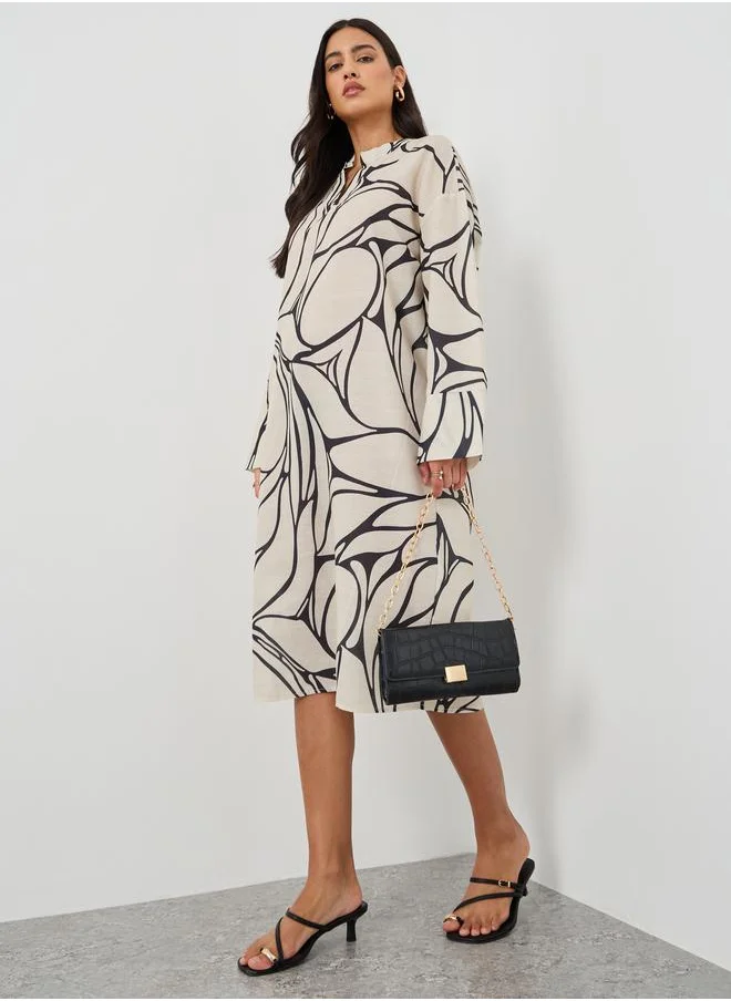 ستايلي Styli Print Long Sleeves Kaftan Knee-Length Dress