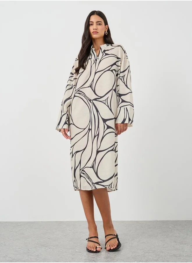 ستايلي Styli Print Long Sleeves Kaftan Knee-Length Dress