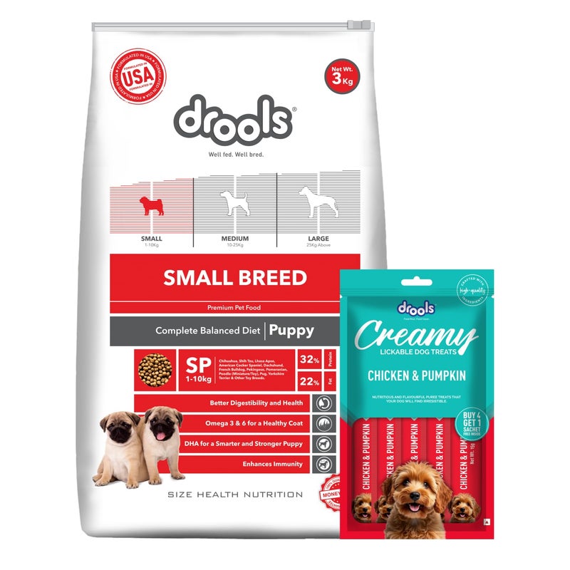 Drools Small Breed Puppy Dog Food, 3kg + Free Creamy Dog Treat (75g) - Image 1