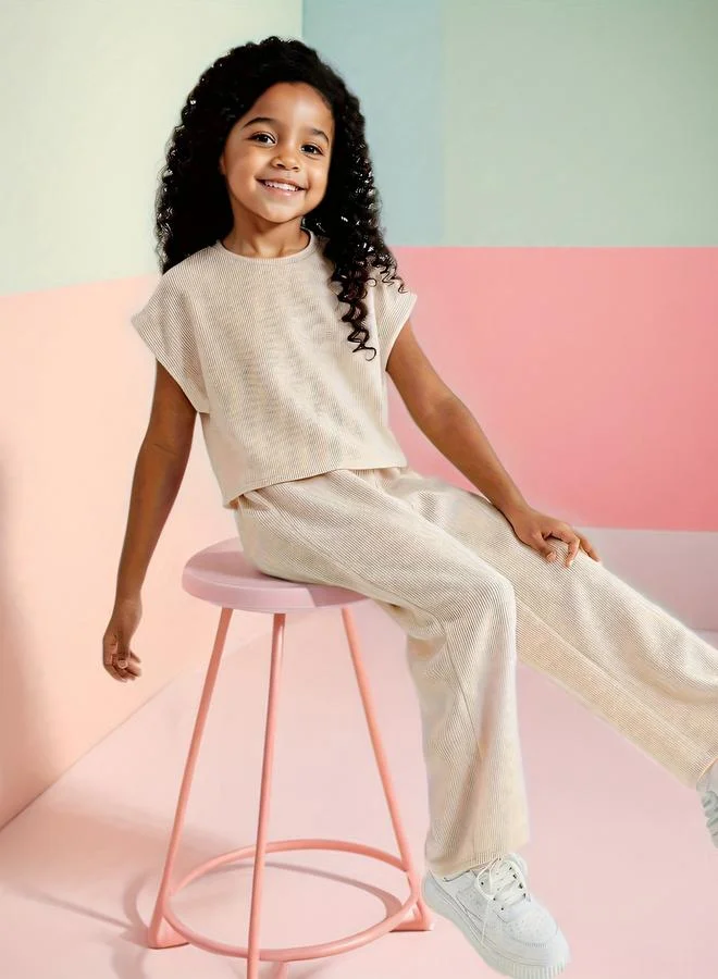 Take Two Take Two Girls Beige Textured Knit T-Shirt and Pants Set