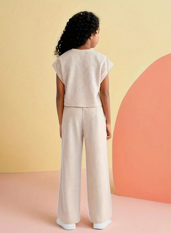 Take Two Take Two Girls Beige Textured Knit T-Shirt and Pants Set