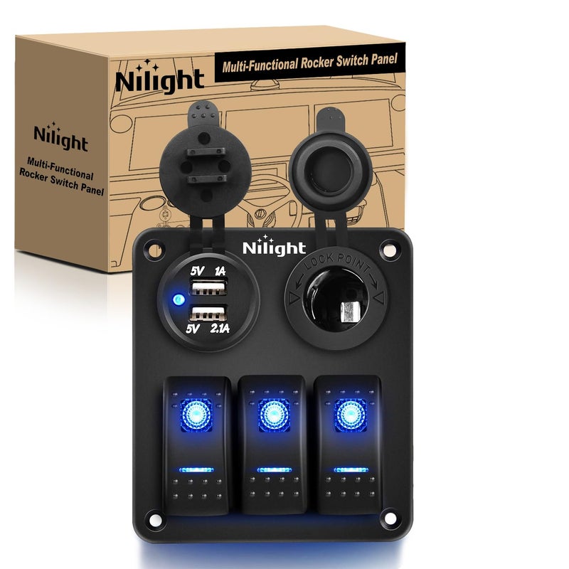 Nilight  90115C 3 Gang Rocker Switch Panel Waterproof PreWired Aluminum Switch Panel with Dual USB Charger Socket  Cigarette Lighter Socket 12V 24VDC ON Off Switch Panel for Cars Rvs Trucks - Image 2