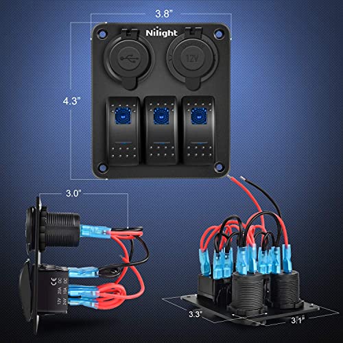 Nilight  90115C 3 Gang Rocker Switch Panel Waterproof PreWired Aluminum Switch Panel with Dual USB Charger Socket  Cigarette Lighter Socket 12V 24VDC ON Off Switch Panel for Cars Rvs Trucks - Image 4