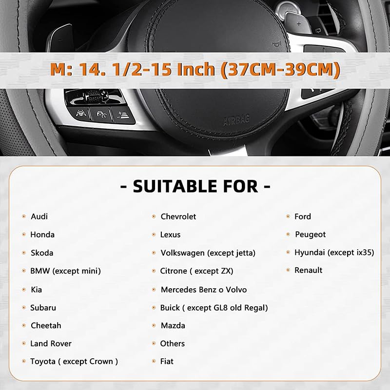 BROGBUS Sport Leather Anti Slip Steering Wheel Cover 14 1/2 inch to 15 inch Universal, Padded Soft Grip Breathable for Car Truck SUV Jeep (Black and Grey) - Image 5