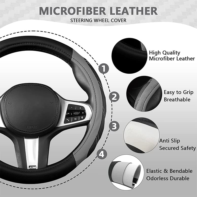 BROGBUS Sport Leather Anti Slip Steering Wheel Cover 14 1/2 inch to 15 inch Universal, Padded Soft Grip Breathable for Car Truck SUV Jeep (Black and Grey) - Image 3