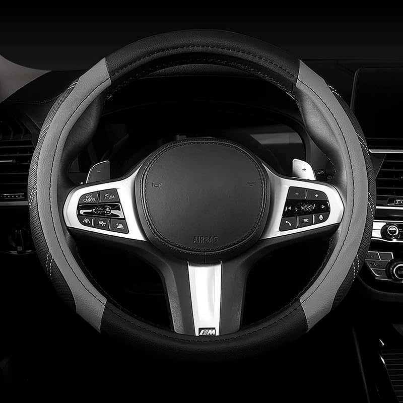 BROGBUS Sport Leather Anti Slip Steering Wheel Cover 14 1/2 inch to 15 inch Universal, Padded Soft Grip Breathable for Car Truck SUV Jeep (Black and Grey) - Image 1