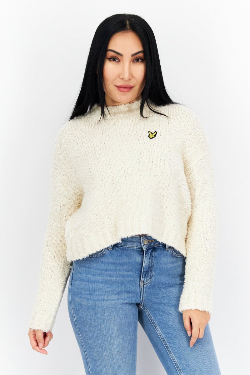 Lyle & Scott Women Mock Neck Crochet Sweater, White - Image 1