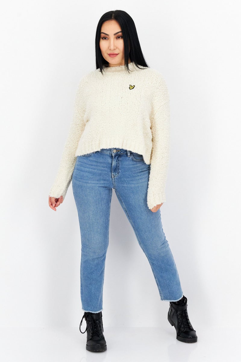 Lyle & Scott Women Mock Neck Crochet Sweater, White - Image 4