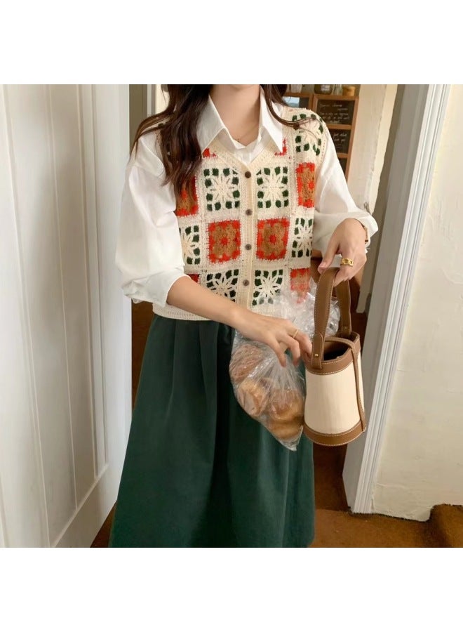 Hong Kong-style Western-style Fashion Crochet Hollow Sleeveless Vest Women's Winter V-neck Loose Slim-fit Striped Top