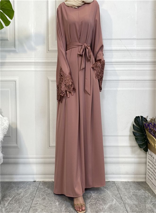 Loquat Women's Solid Color Lace Zippered Dress Abaya Pink  - Image 2