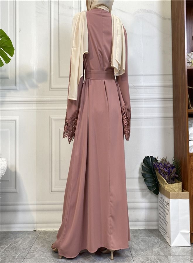 Loquat Women's Solid Color Lace Zippered Dress Abaya Pink  - Image 3