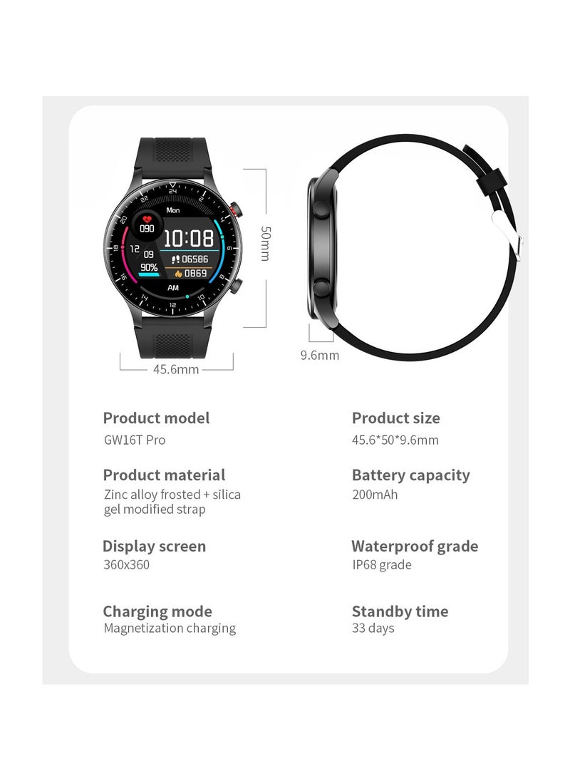 GW16T Pro Full Touch Screen Men Watches Smart Watch Man Heart Rate Monitor IP68 Waterproof Woman Smartwatch for IOS Android Black dial