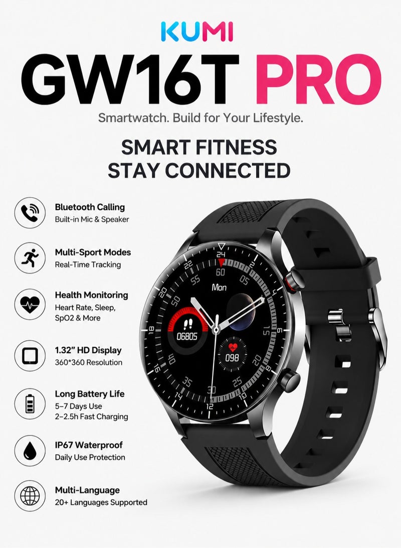 Kumi GW16T Pro Full Touch Screen Men Watches Smart Watch Man Heart Rate Monitor IP68 Waterproof Woman Smartwatch for IOS Android Black dial - Image 1