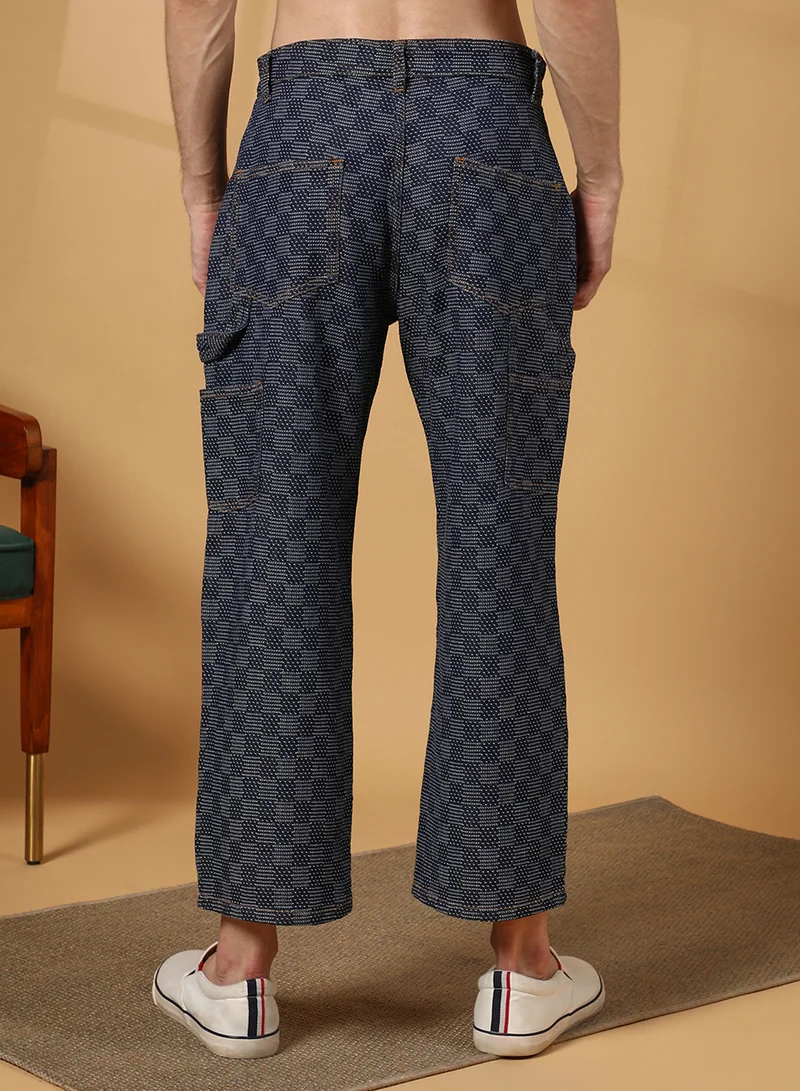 Campus Sutra Men's Navy Blue Checker Baggy Utility Denim Jeans