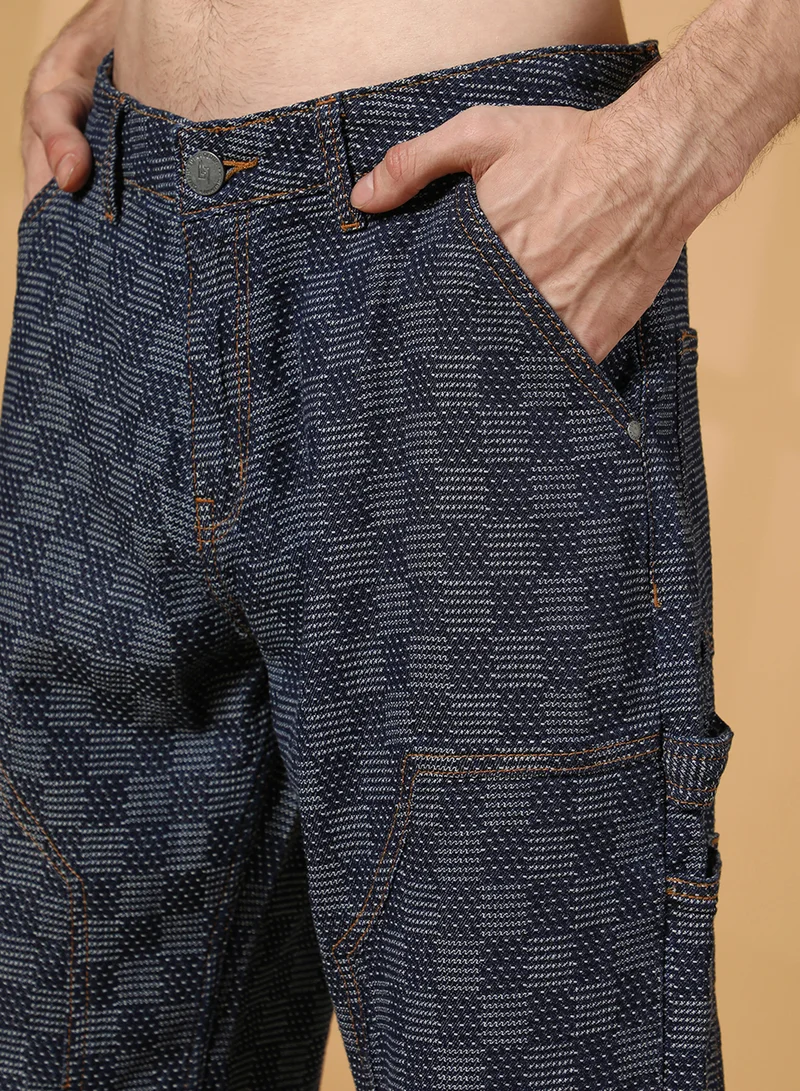 Campus Sutra Men's Navy Blue Checker Baggy Utility Denim Jeans