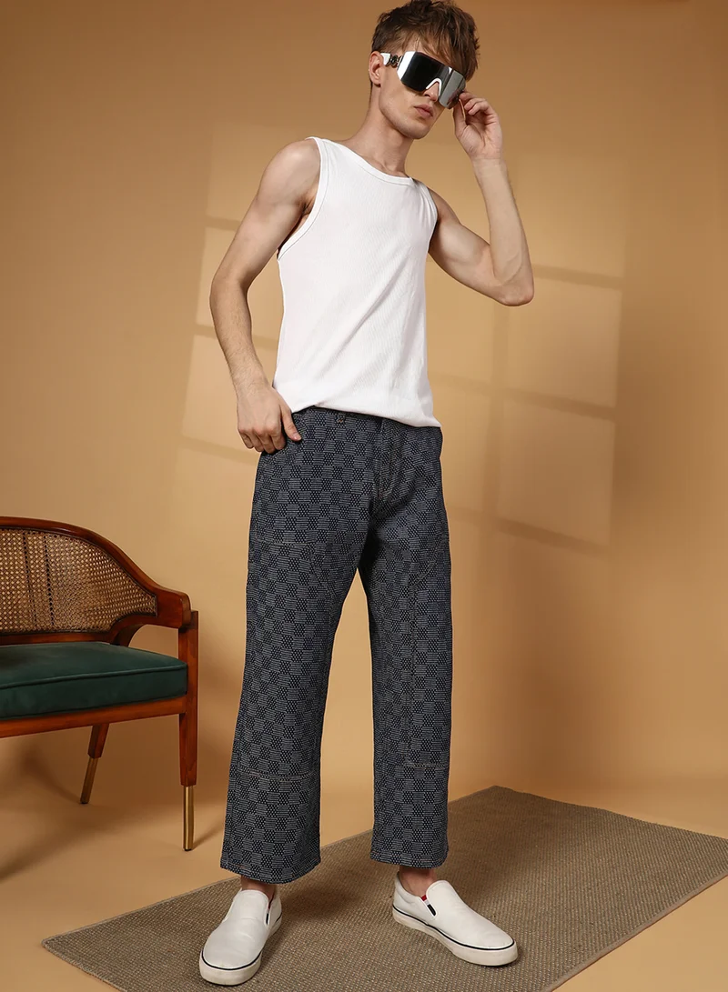 Campus Sutra Men's Navy Blue Checker Baggy Utility Denim Jeans