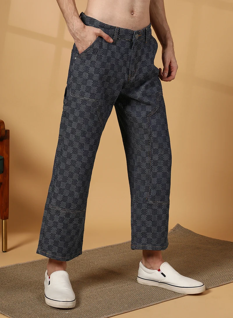 Campus Sutra Men's Navy Blue Checker Baggy Utility Denim Jeans