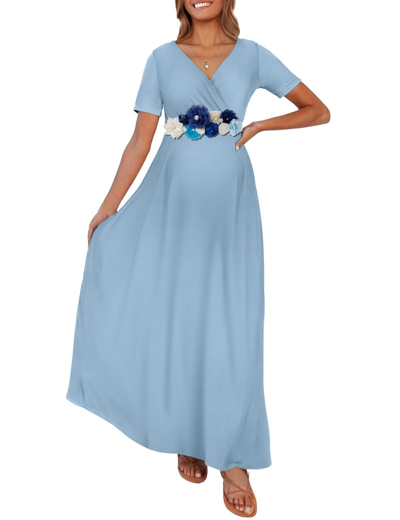 KIM S Maternity Dress Summer Blue Dress for Baby Shower Maternity Dress for Photoshoot Dusty Blue L