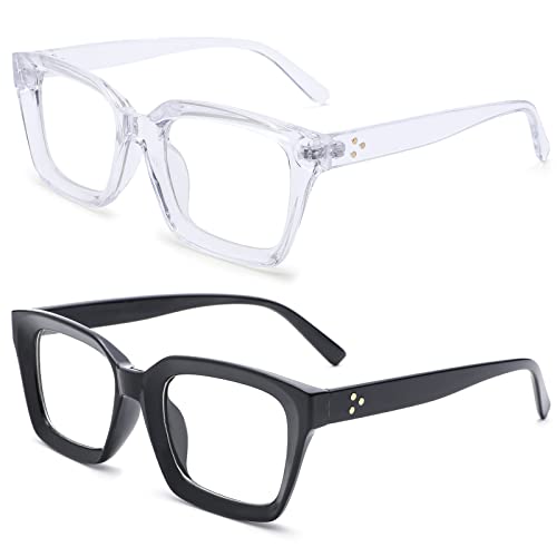 NULOOQ Fashion Vintage Square Non-prescription Clear Lens Glasses for Women Men, Thick Frame Fake Eyeglasses (Black + Transparent) - 2 Pack - Image 1