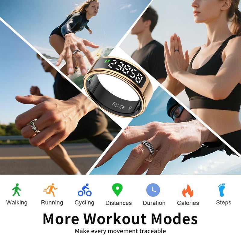 عرض حلقة ذكية - تتبع النوم حلقة التحكم باللمس مع معدل ضربات القلب / الأكسجين في الدم / عداد الخطوة ، رصيف الشحن اللاسلكي ، 5ATM تتبع اللياقة البدنية المقاومة للماء ، لا رسوم اشتراك (الذهب ، 13) - Image 3