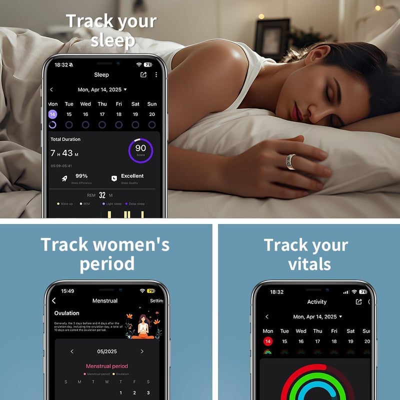 عرض حلقة ذكية - تتبع النوم حلقة التحكم باللمس مع معدل ضربات القلب / الأكسجين في الدم / عداد الخطوة ، رصيف الشحن اللاسلكي ، 5ATM تتبع اللياقة البدنية المقاومة للماء ، لا رسوم اشتراك (الذهب ، 13) - Image 4