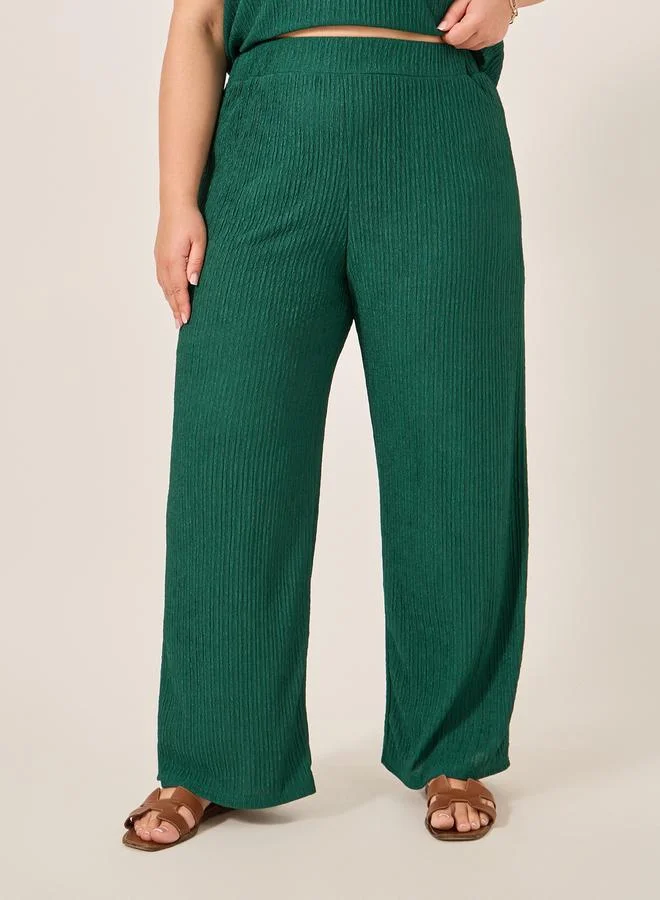 Styli Plus Size Crinkle Knit Short Sleeve Top and Straight Leg Pants Co-Ords