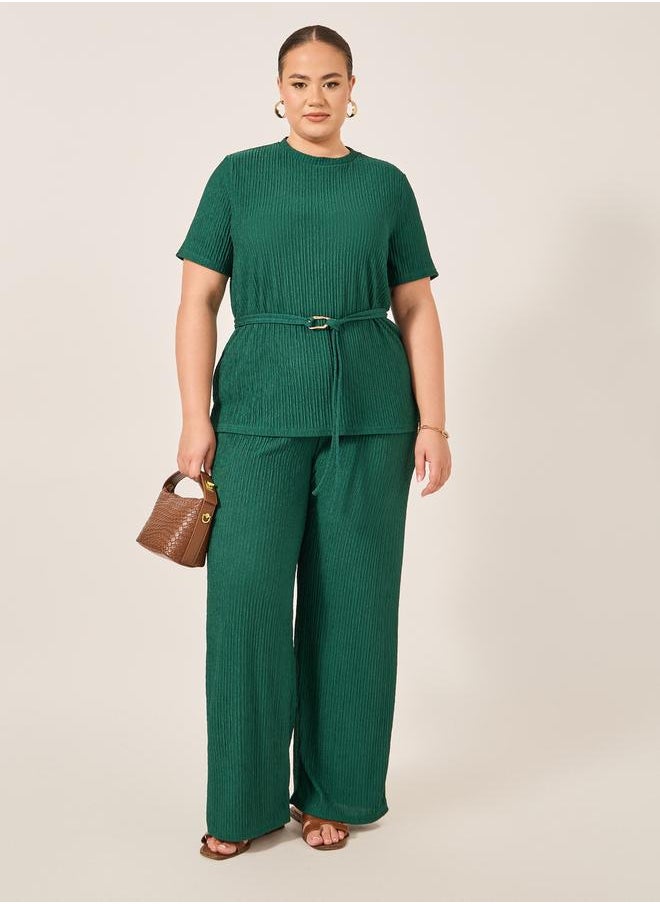 Styli Plus Size Crinkle Knit Short Sleeve Top and Straight Leg Pants Co-Ords  - Image 1