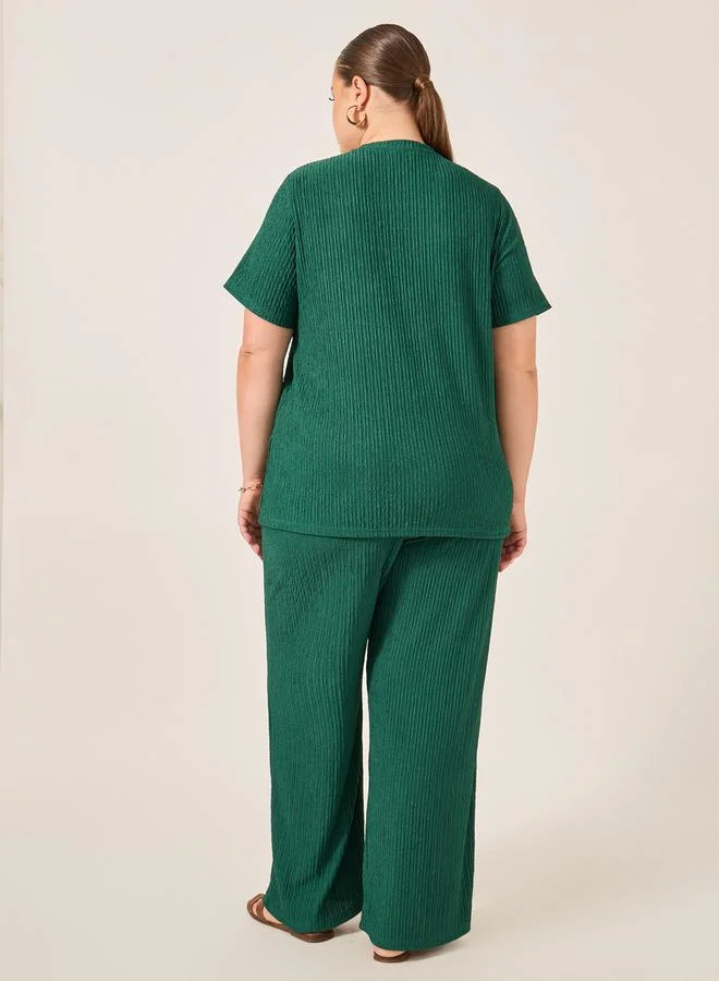 Styli Plus Size Crinkle Knit Short Sleeve Top and Straight Leg Pants Co-Ords