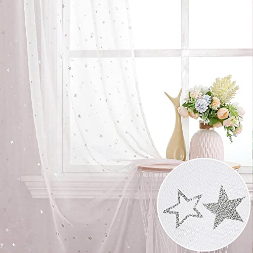 WUBODTI White Sheer Star Curtains 84 Inches Long 2 Panel Sets, Kids Room Semi Sheer Voile Tulle Curtains Rod Pocket Glitter Starry Gauze Space Window Drapes for Living Room Girls Bedroom Nursery - Image 1