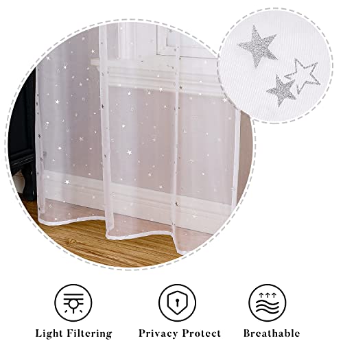WUBODTI White Sheer Star Curtains 84 Inches Long 2 Panel Sets, Kids Room Semi Sheer Voile Tulle Curtains Rod Pocket Glitter Starry Gauze Space Window Drapes for Living Room Girls Bedroom Nursery - Image 4