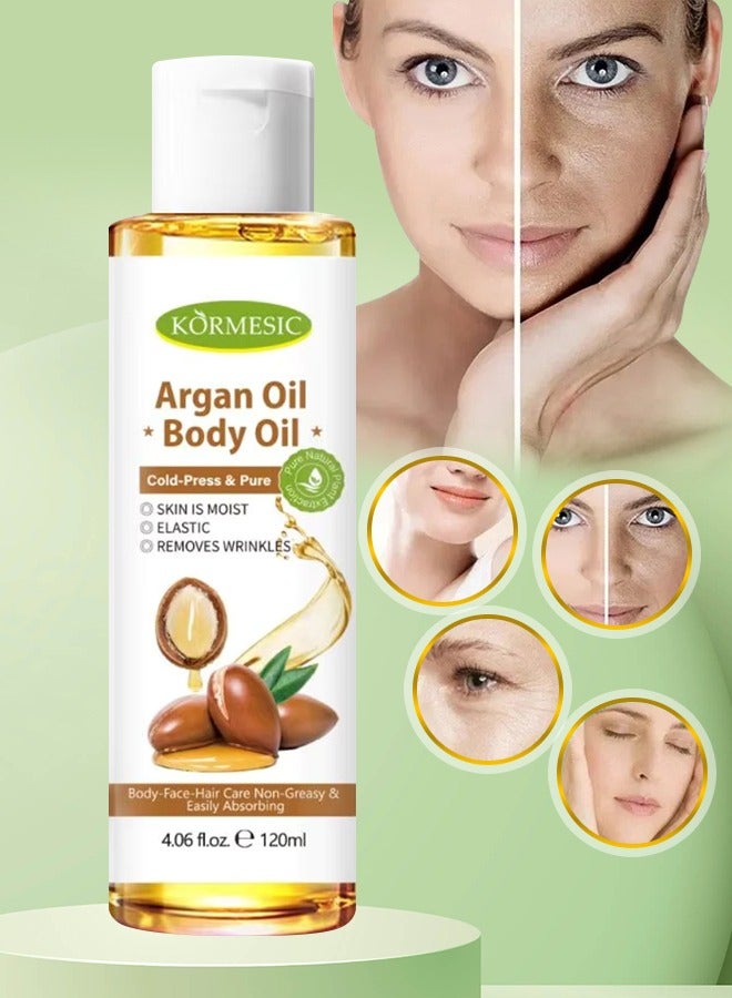 Kormesic 120ml Argan Oil Pure Cold Pressed Argan Body Oil for Hair Face & Body Care Remove Wrinkles Moisturizing Hydrating Repairing Smooth Fine Lines Nourishing Oils - Image 1