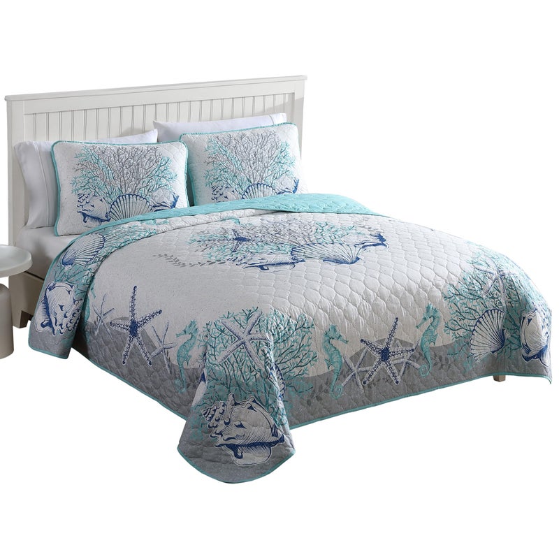 CARIBBEAN JOE Coastal 3Piece Quilt Set FullQueen Beach Delight Aqua