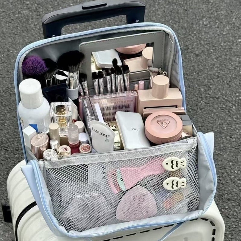 Vertical Cosmetic Bag with Mirror, Large Capacity for Travel - Image 1