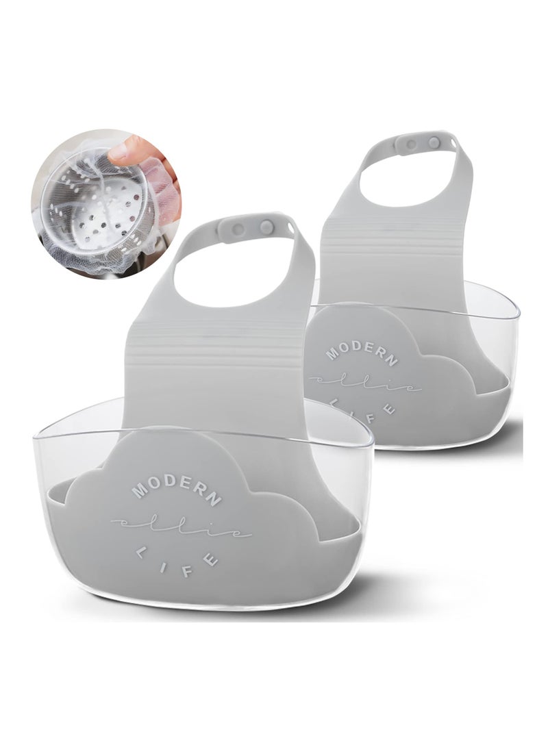 SYOSI Sponge Holder Sink Caddy, SYOSI Sink Storage Filter Rack for Kitchen Organization with 30 Pieces Disposable Mesh Sink Strainer Bags, Hanging Kitchen Adjustable Strap Faucet Caddy (2 Pack, Grey) - Image 1